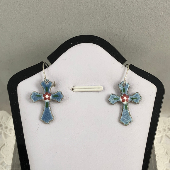 Vintage Other - Vintage Blue Enamel Guilloche Cross Drop Earrings Vintage Other - Vintage Blue Enamel Guilloche Cross Drop Earrings